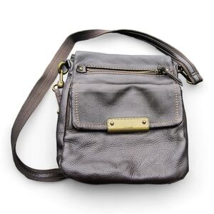 The Sak Train Ticket Master Bag Brown Leather Brass Trim 10x8x2"